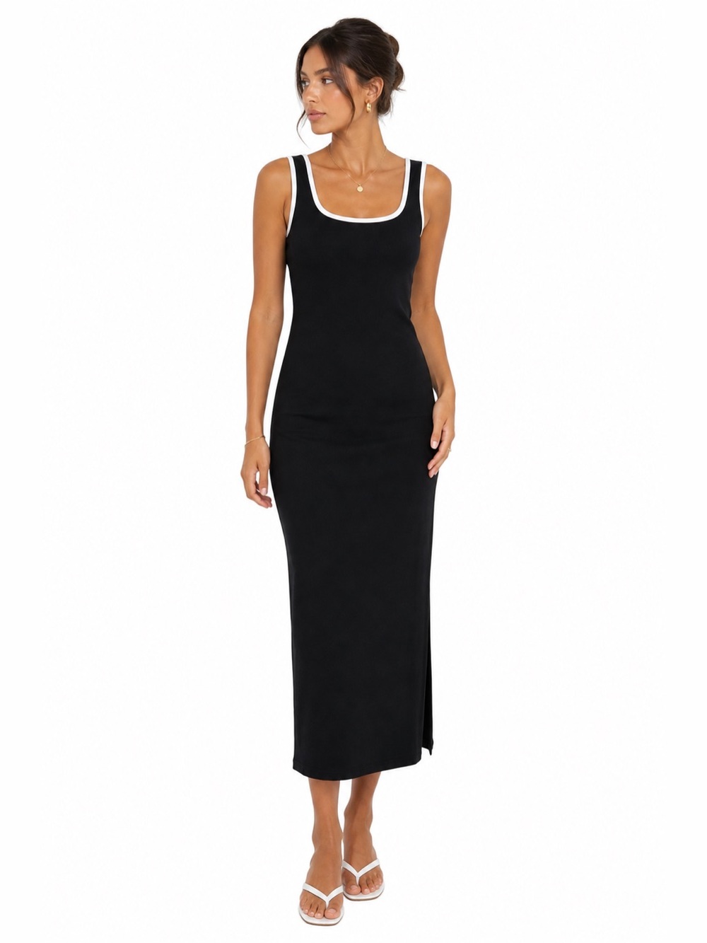 Black Tank Dress Contrast Trim Fitted Bodycon Minimalist Medium